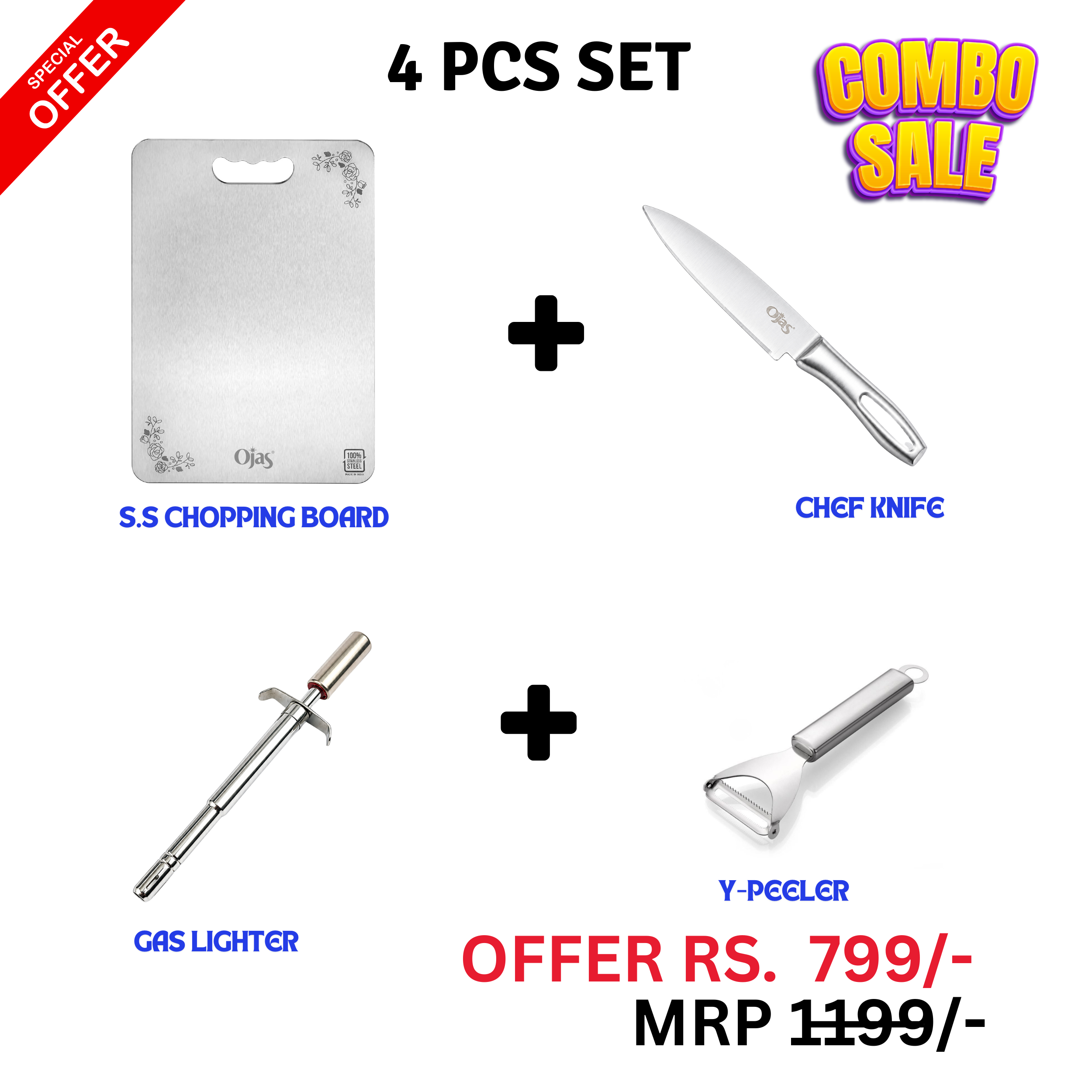 4 PCS Premium Kitchen Combo Set | Chopping Board, Chef Knife, Gas Lighter, Y-Peeler  | Free Shipping Across India