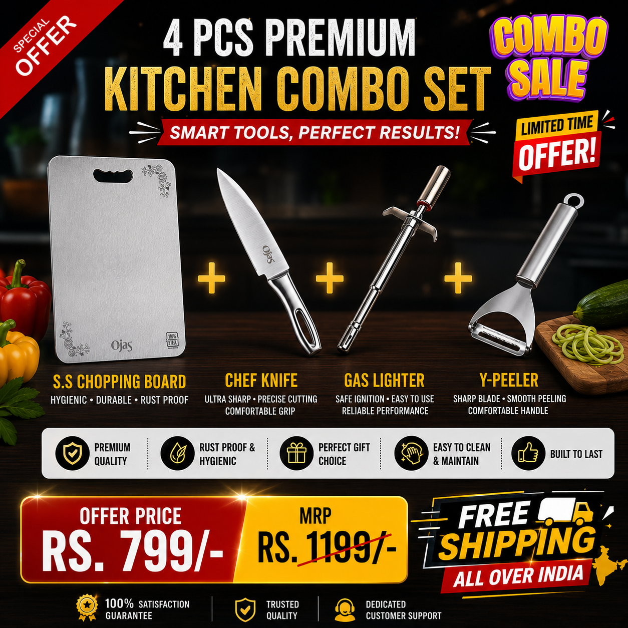 4 PCS Premium Kitchen Combo Set | Chopping Board, Chef Knife, Gas Lighter, Y-Peeler  | Free Shipping Across India