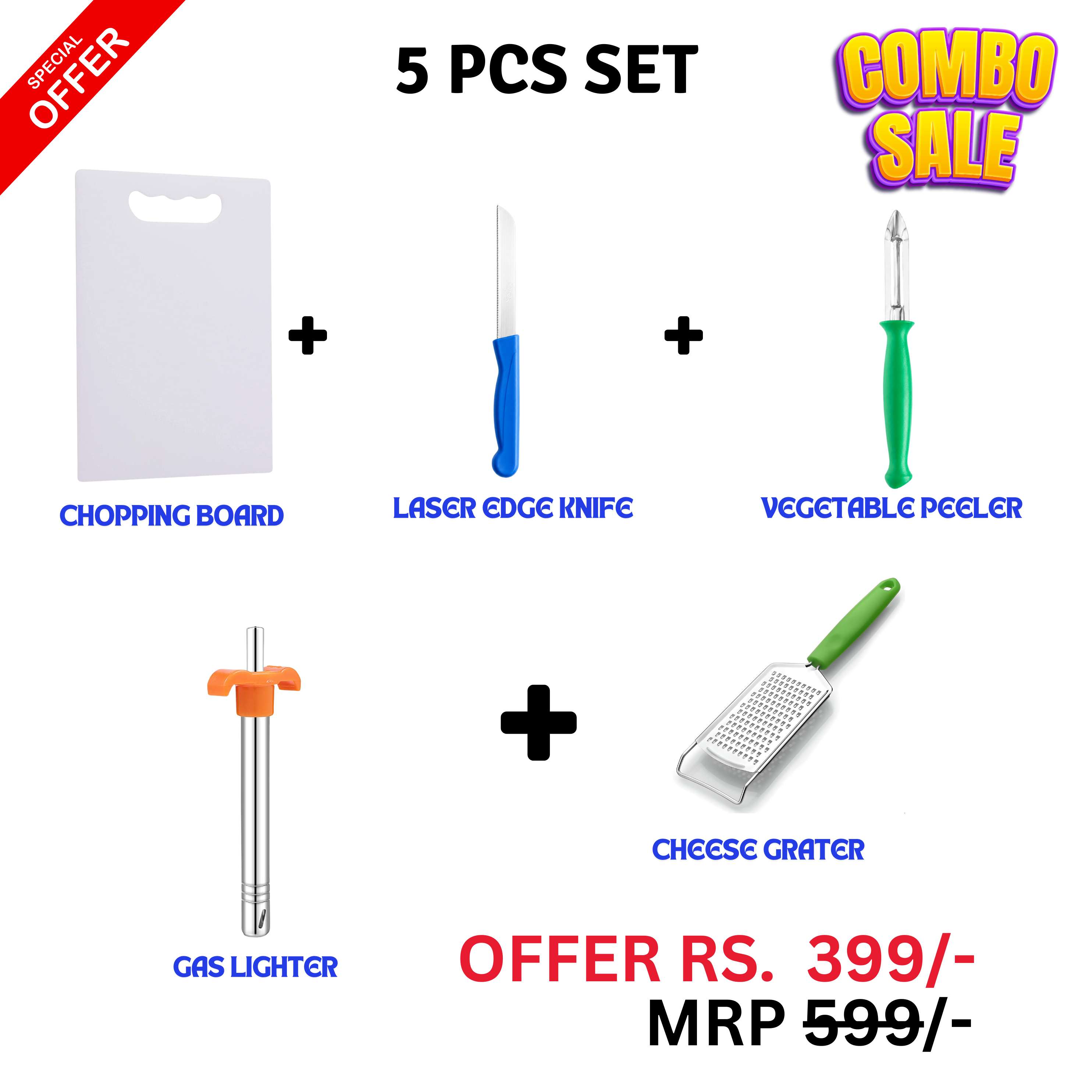 Buy 5 PCS Kitchen Combo Set Online at Best Price in India | Chopping Board, Knife, Peeler, Grater & Gas Lighter