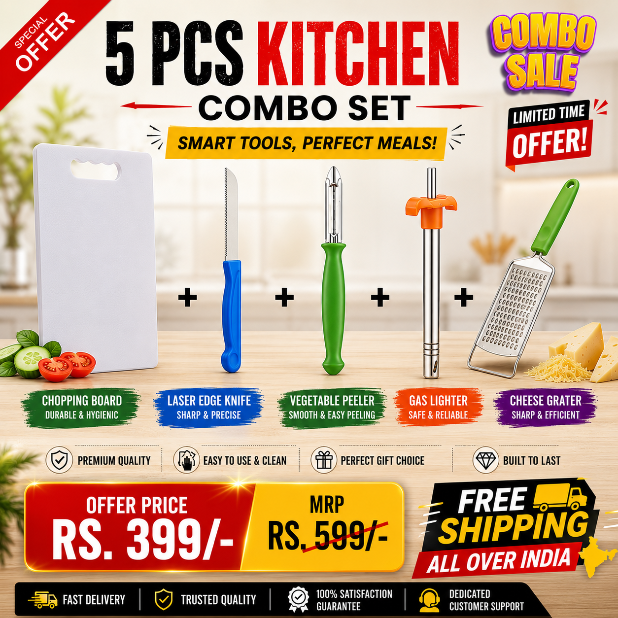 Buy 5 PCS Kitchen Combo Set Online at Best Price in India | Chopping Board, Knife, Peeler, Grater & Gas Lighter