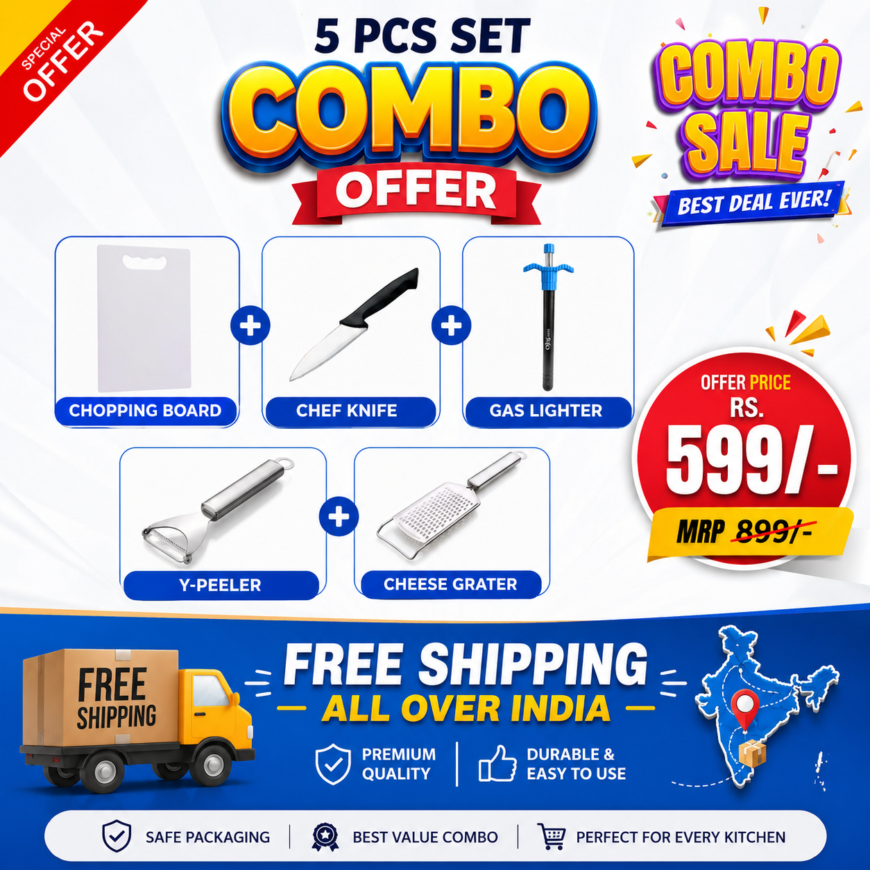 Buy 5 PCS Kitchen Combo Offer Online at Best Price in India | Chopping Board, Chef Knife, Y-Peeler, Gas Lighter & Cheese Grater