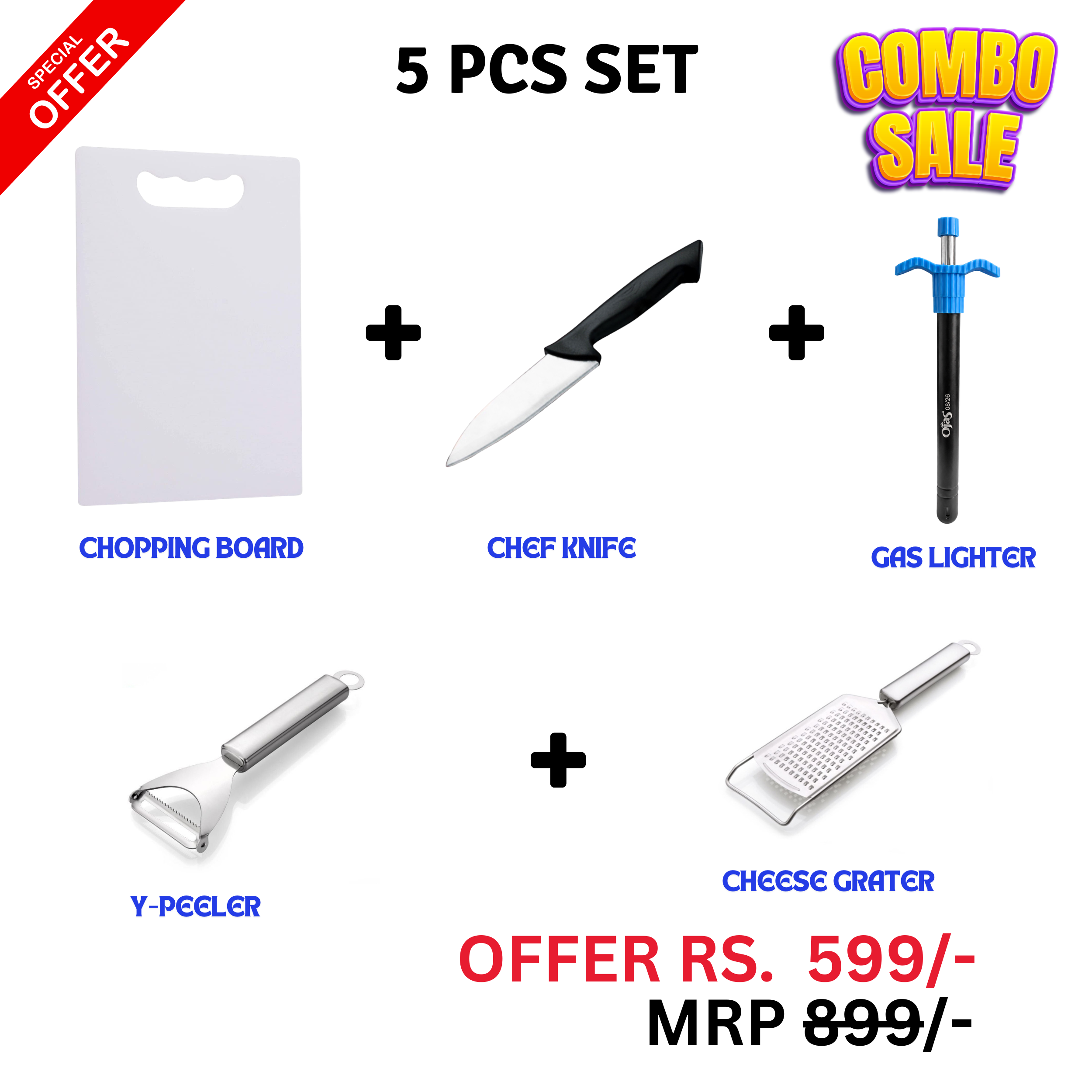 Buy 5 PCS Kitchen Combo Offer Online at Best Price in India | Chopping Board, Chef Knife, Y-Peeler, Gas Lighter & Cheese Grater