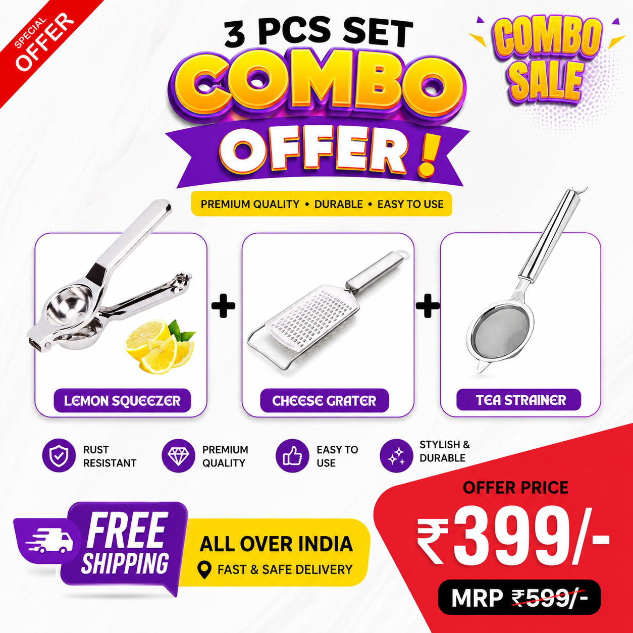 Buy 3 PCS Kitchen Combo Set Online at Best Price in India | Lemon Squeezer, Cheese Grater & Tea Strainer