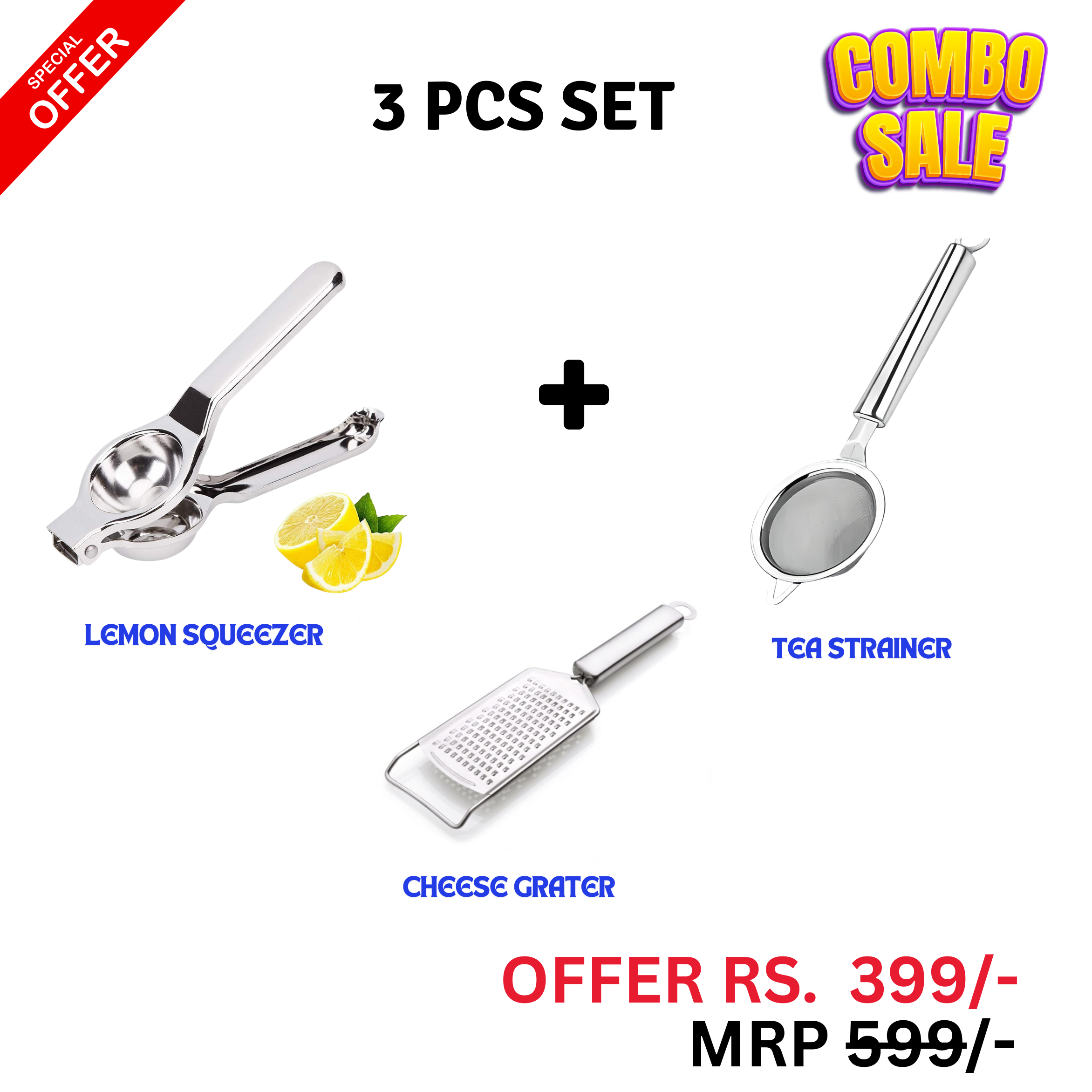 Buy 3 PCS Kitchen Combo Set Online at Best Price in India | Lemon Squeezer, Cheese Grater & Tea Strainer